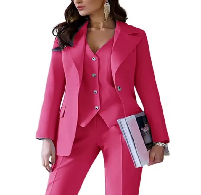 Dreiteiliger Damen Hosenanzug Ernestine in Pink Elegant Blazer – Weste – Hose im&nbsp;Set
