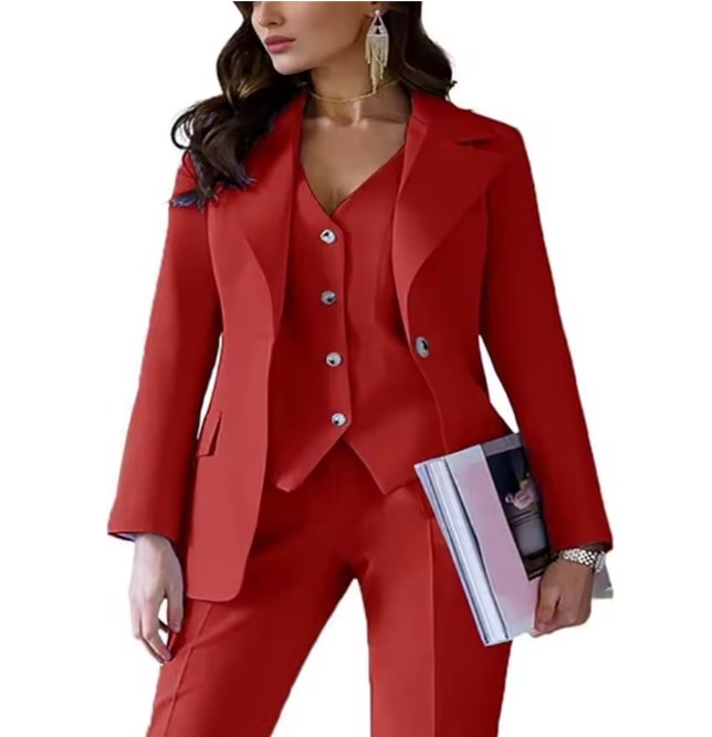 Dreiteiliger Damen Hosenanzug Ernestine in Rot Elegant Blazer – Weste – Hose im&nbsp;Set
