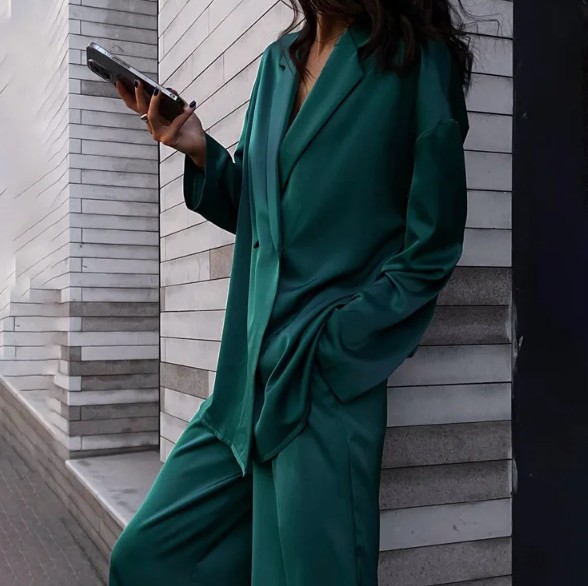 Satin Damen Hosenanzug Eefje in Dunkelgrün