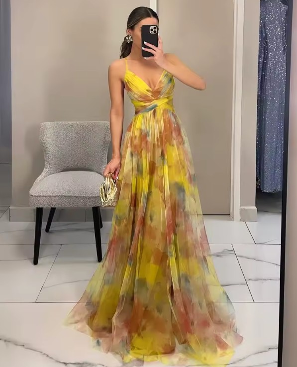 Spaghettiträger A Linie Chiffon Empire Kleid Ermelina Elegant in&nbsp;Gelb