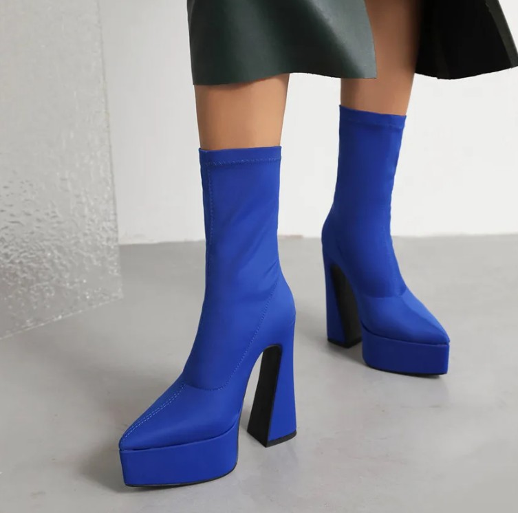 Stretch Satin Plateau Damen Stiefeletten in Blau bis Gr&nbsp;43