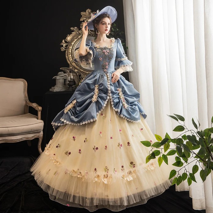 Viktorianische Brautkleid Viktorianische in Blau Champagne mit&nbsp;Blumen