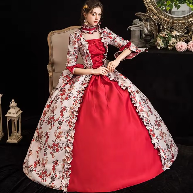 Viktorianisches Brautkleid Hilde in Rot Champagne mit Blumen