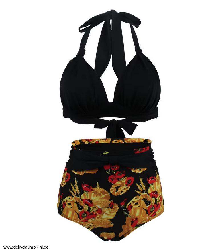 Pin Up Style Halterneck Bikini 2025 Tula Plissiert in Schwarz mit&nbsp;Blumenmuster