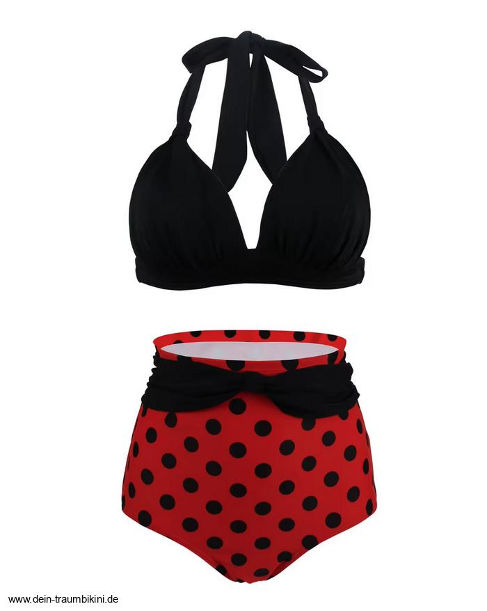 Pin Up Style Halterneck Bikini 2025 Tula Plissiert in Schwarz Rot&nbsp;Gepunktet