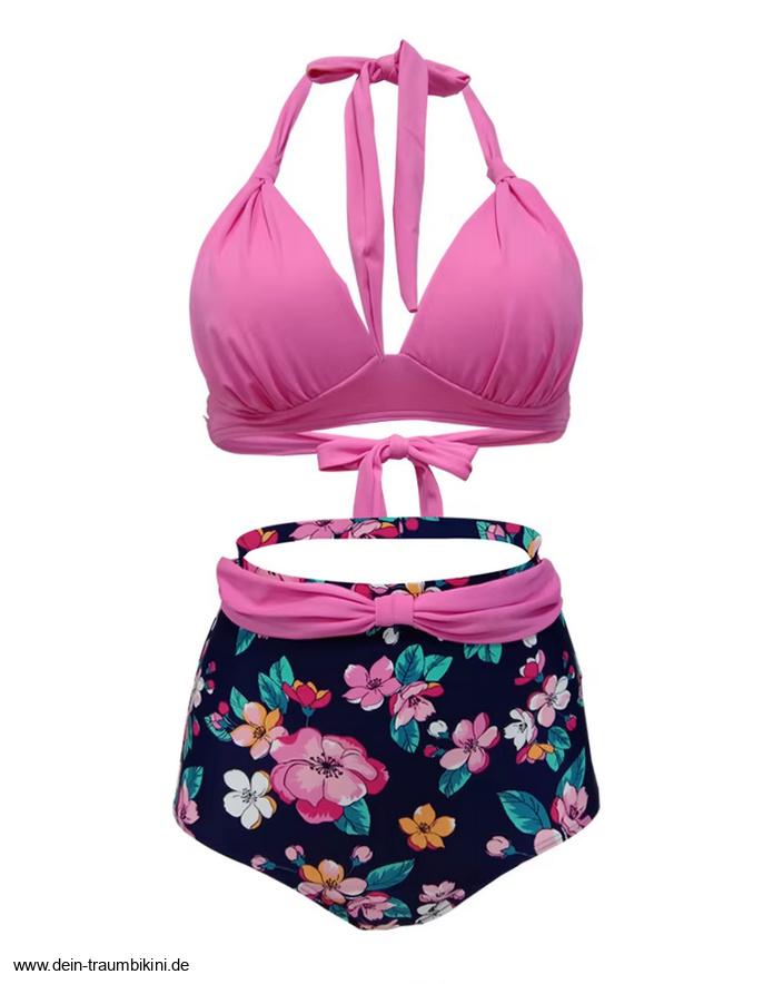 Pin Up Style Halterneck Bikini 2025 Tula Plissiert in Pink mit&nbsp;Blumenmuster