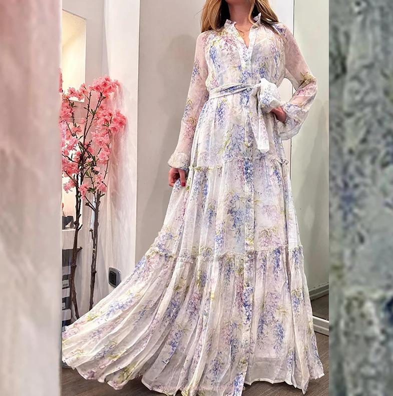 Langarm Chiffon Boho Kleid Elegant für Hochzeitsgäste mit&nbsp;Blumenmuster