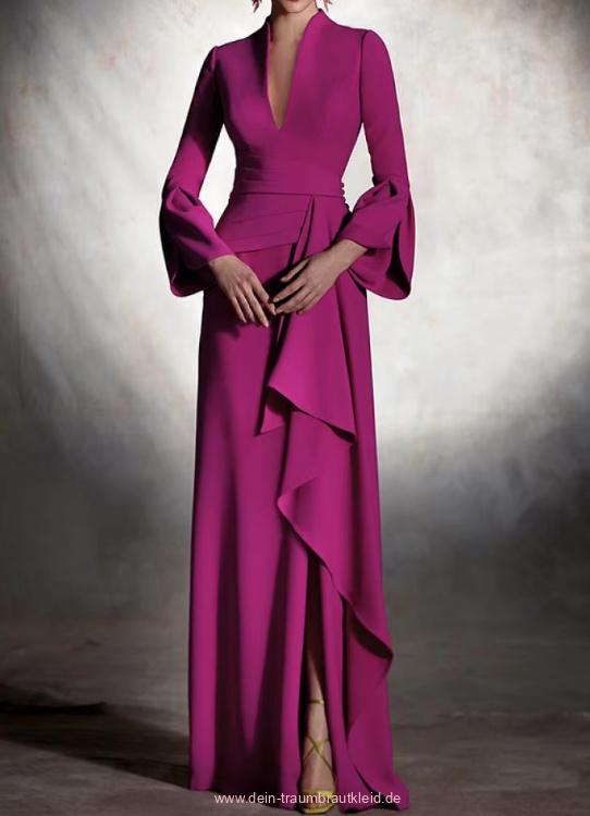 Langarm Fit and Flare Kleid Elegant für Hochzeitsgäste in Fuchsia mit V&nbsp;Ausschnitt