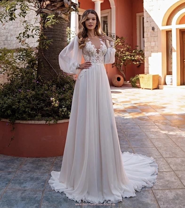 Langarm A Linie Boho Brautkleid Alice aus Chiffon mit&nbsp;Spitze