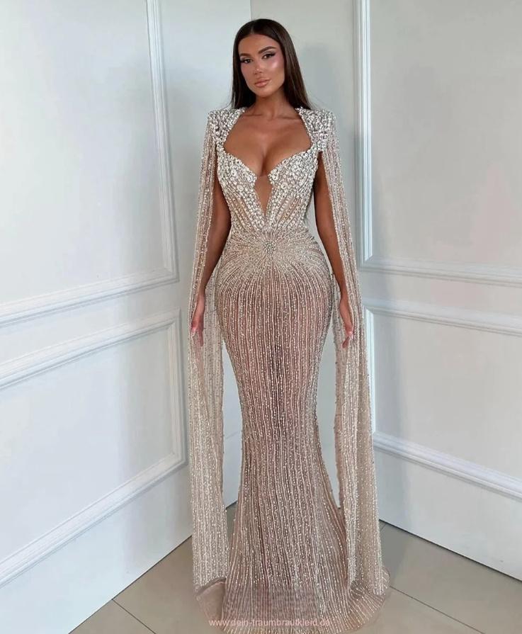 Bleistift Bodycon Standesamtkleid Anneke mit Sexy V Ausschnitt und Perlen Strass&nbsp;Applikationen