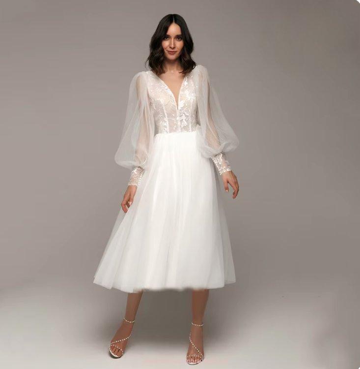 Wadenlanges A Linie Standesamtkleid Anela mit Puff Ärmel und&nbsp;Spitze