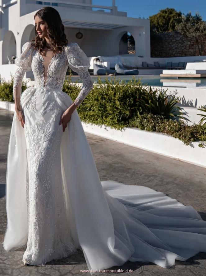 Meerjungfrau Langarm Glitzer Brautkleid Apikalia mit Sexy V Ausschnitt und Abnehmbare&nbsp;Schleppe