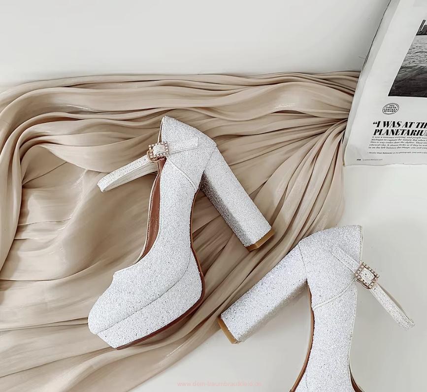 Plateau Brautschuhe Hochzeitsschuhe mit Glitzer Pailletten in&nbsp;Weiß