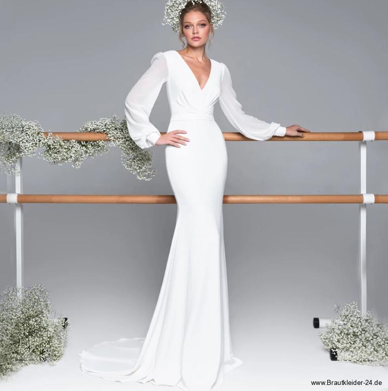 Langarm Meerjungfrau Brautkleid Kalama mit V Ausschnitt und&nbsp;Schleppe