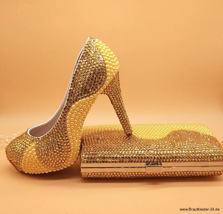 Gold Perlen Kristall Brautschuhe Karlotta mit Brauttasche&nbsp;Festlich