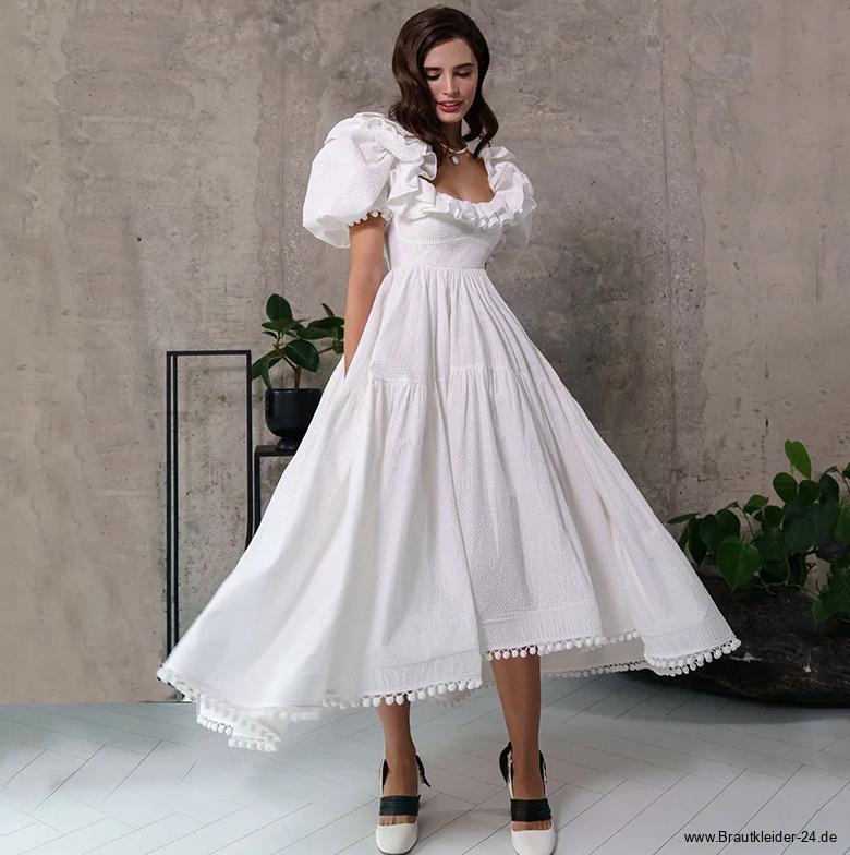 A Linie Brautkleid Knöchellang mit Puff Ärmeln. und Rüschen Rückenausschnitt