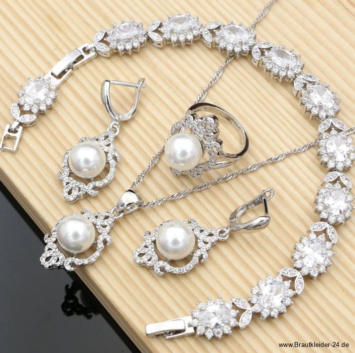 Perlen Brautschmuck Set Liecha 925 Sterling Silber Halskette Armband Ohrringe Ring&nbsp;Weiß
