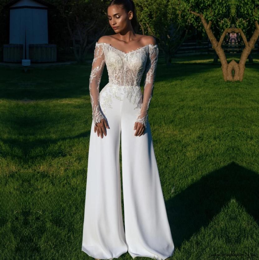 Schulterfreies Langarm Braut Overall Einteiler Outfit mit Tatttoo&nbsp;Spitze