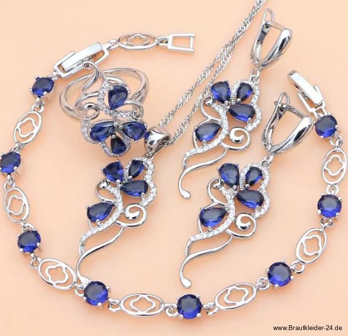 Brautschmuck Set Leticia 925 Sterling Silber Zirkon Halskette Armband Ohrringe Ring&nbsp;Blau