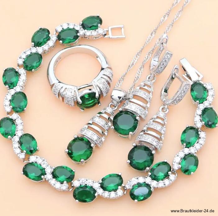 Brautschmuck Set Lilinoe 925 Sterling Silber Halskette Armband Ohrringe Ring&nbsp;Grün
