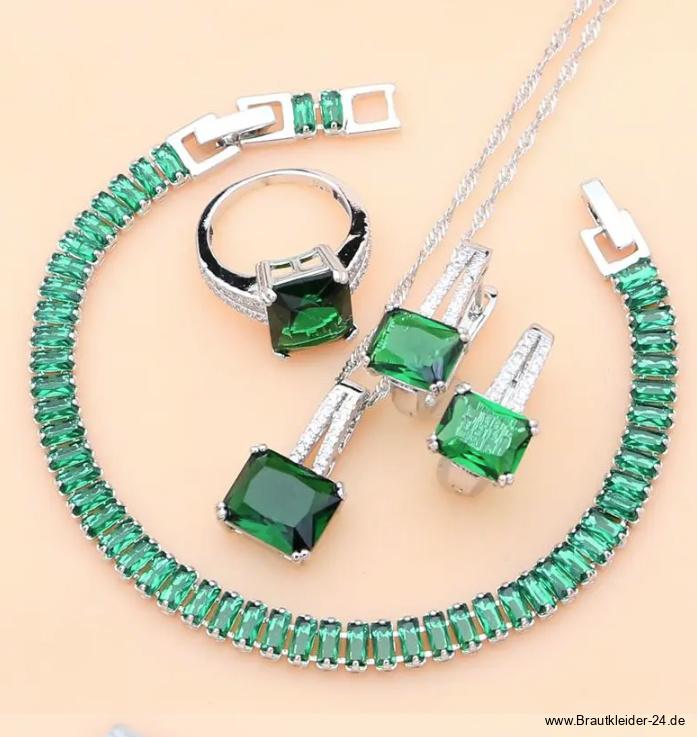 Vintage Style Brautschmuck Set Lovina 925 Sterling Silber Halskette Armband Ohrringe Ring&nbsp;Grün