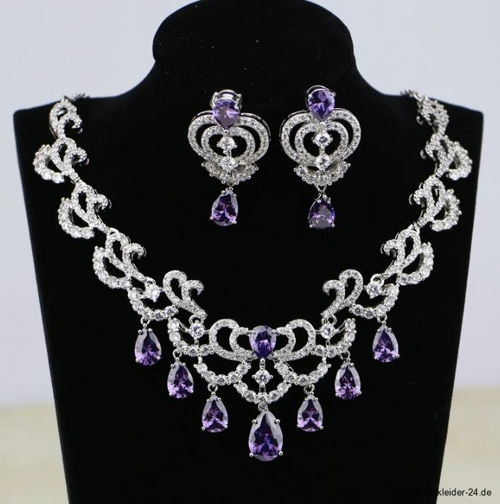 Vintage Style Brautschmuck Set Lulu Zirkon 925 Sterling Silber Halskette Armband Ohrringe Ring&nbsp;Lila