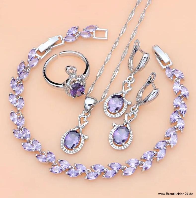 Zirkonia Silber 925 Brautschmuck Set Leia Silber Flieder Halskette Ohrringe Armband und&nbsp;Ring