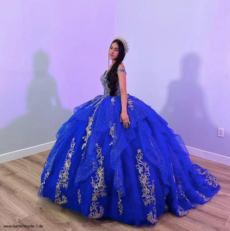 Quinceanera Ballkleid Britta Schulterfrei mit Schleppe und Spitze&nbsp;Navyblau