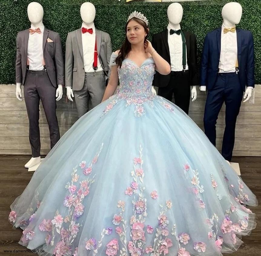 Schulterfreies Quinceanera Ballkleid Balthilde in Hellblau mit Blumen&nbsp;Spitze