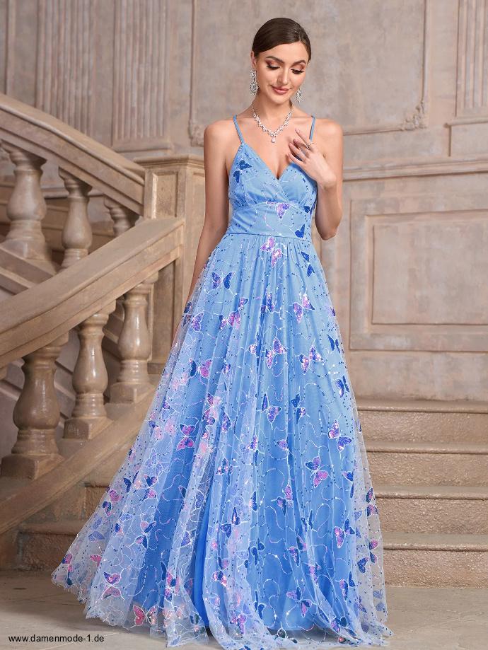 Spaghettiträger Empire Maxi Sommerkleid in Hellblau mit&nbsp;Schmetterlinge
