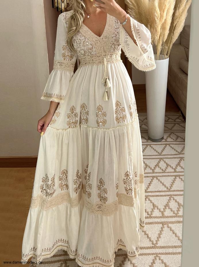 Langarm Boho Maxi Kleid in Beige Creme mit Blumen&nbsp;Muster