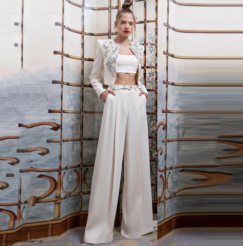 Luxus Damen Hosenanzug in Weiß mit Marlene Hose und Strass&nbsp;Applikationen