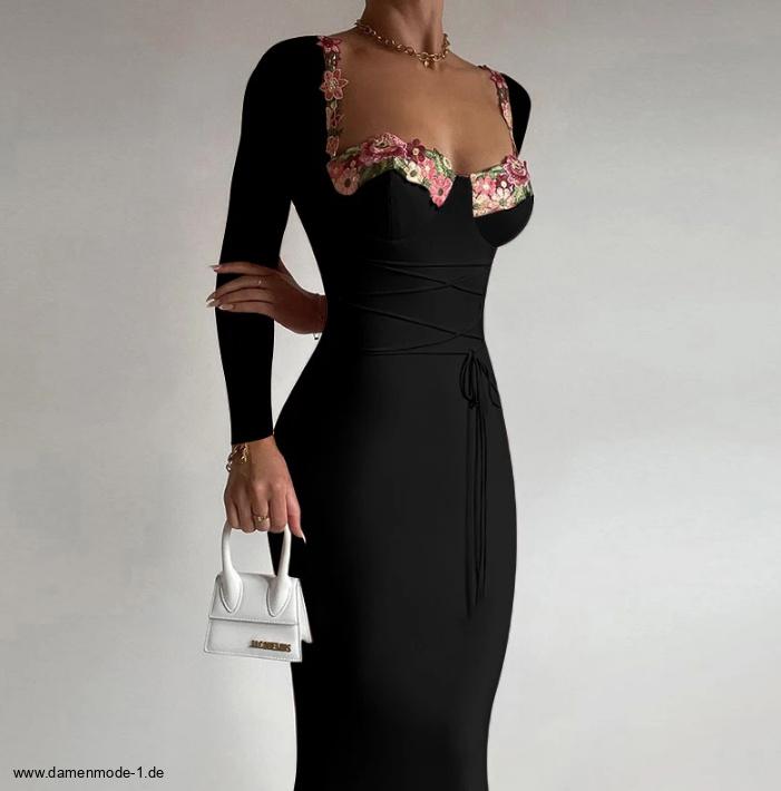 Elegantes Langarm Bleistift Kleid in Schwarz mit&nbsp;Blumenspitze