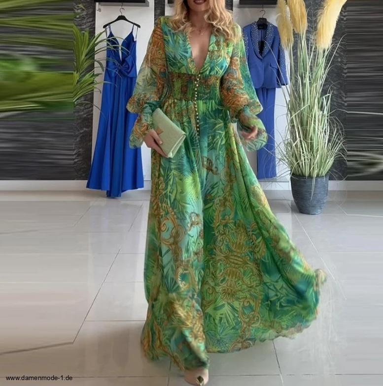 Maxi Chiffon Langarm Kleid Elegant in Grün mit&nbsp;Blumenmuster