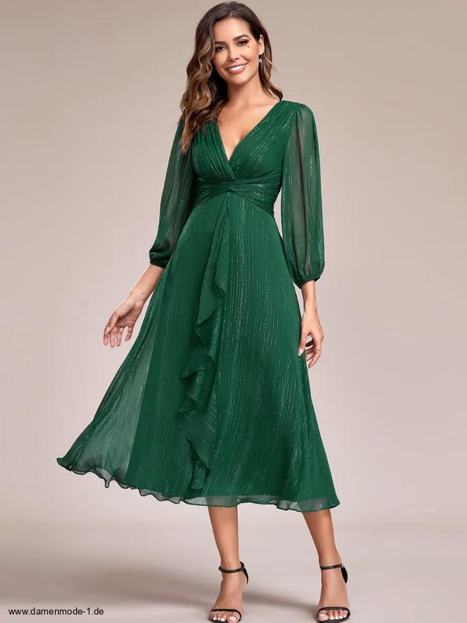 Elegantes A-Linie Chiffon Langarm Kleid Wadenlang in Dunkelgrün