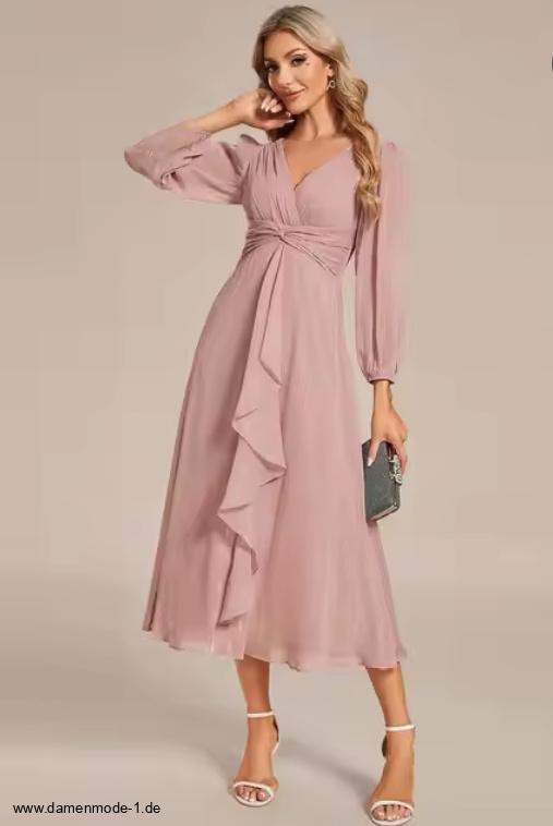Elegantes A-Linie Chiffon Langarm Kleid Wadenlang in&nbsp;Rosa