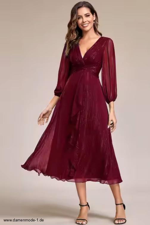 Elegantes A-Linie Chiffon Langarm Kleid Wadenlang in&nbsp;Dunkelrot