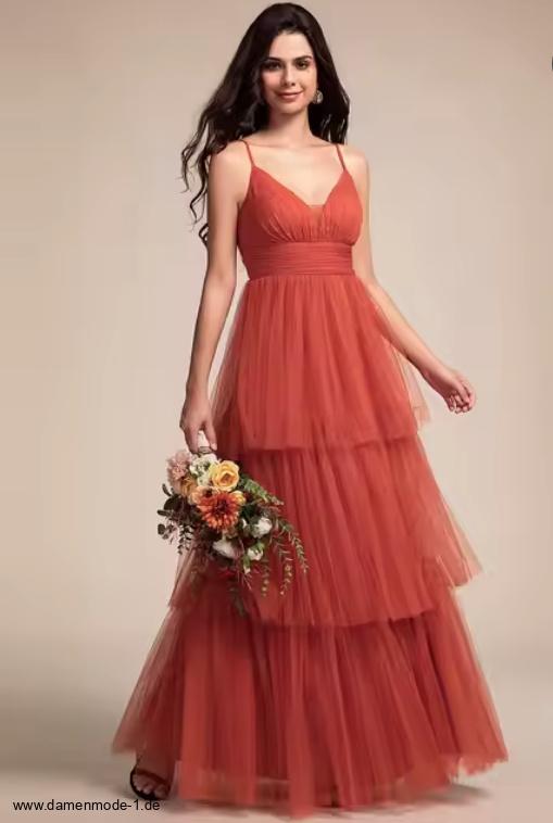 Spaghettiträger A Linie Tüll Maxi Kleid Elegant Lang in Orange