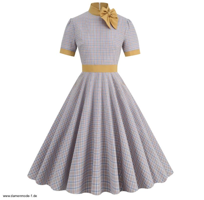 A Linie 50er Rockabilly Kleid Knielang Hellgrau&nbsp;Kariert
