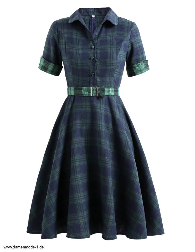 A Linie Kurzarm 50er Rockabilly Kleid Knielang Blau&nbsp;Kariert