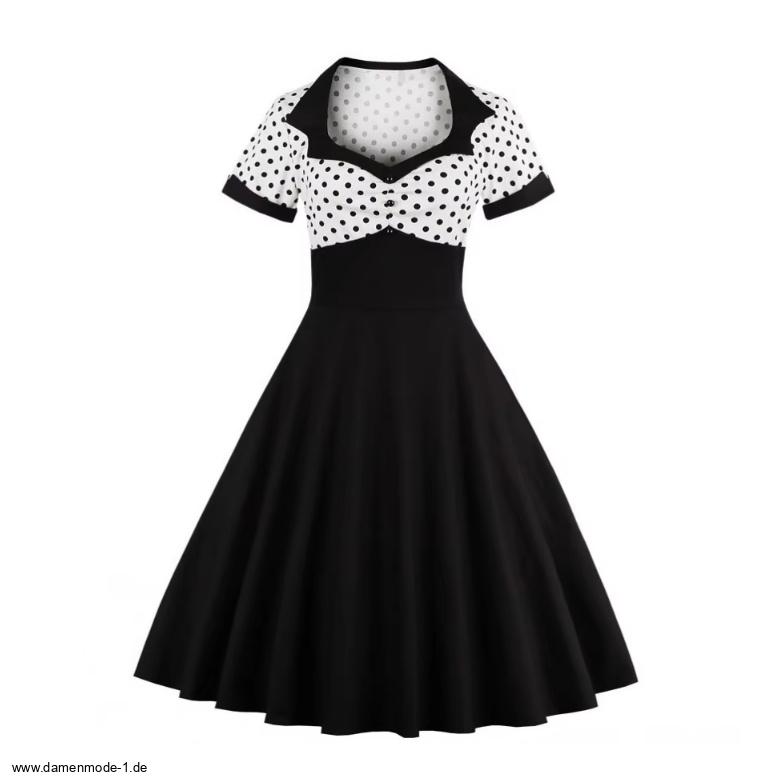 A Linie 50er Rockabilly Kleid Knielang Schwarz Weiß&nbsp;Gepunktet