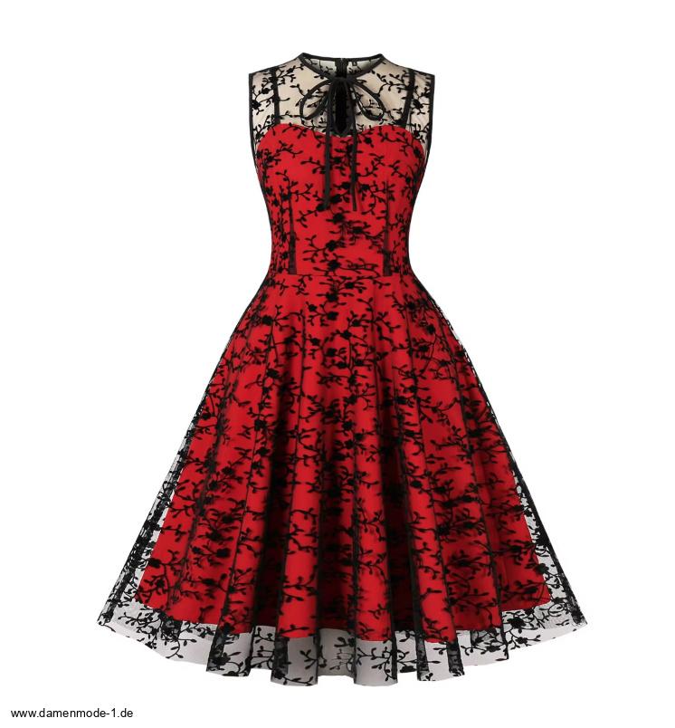 Ärmellloses 50er Rockabilly Kleid Knielang Rot Schwarz mit&nbsp;Spitze