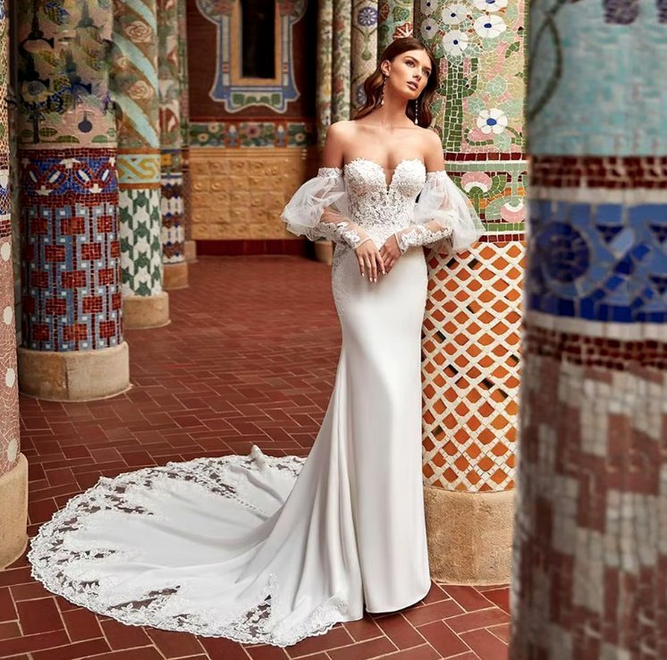 Schulterfreies Fit and Flare Brautkleid Wunderschön mit&nbsp;Schleppe