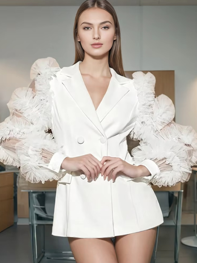 Sexy Mesh Rüschen Patchwork Blazer in Weiß für die&nbsp;Braut