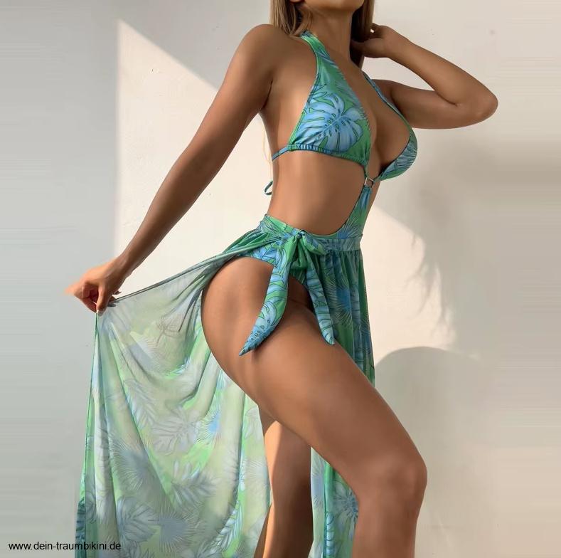 Halterneck Bikini Set 2025 Vineta Grün mit Palmen Muster und Rock im&nbsp;Set