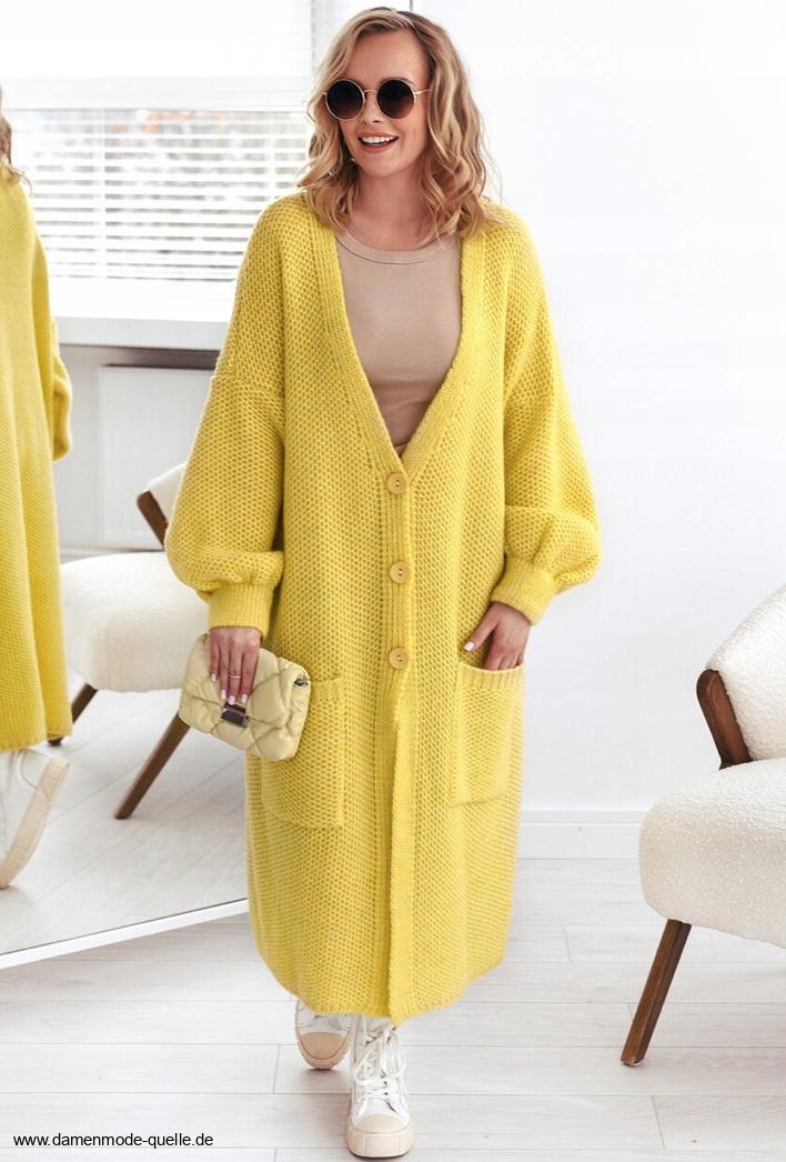 Lange Dünne Strickjacke Cardigan in Gelb mit&nbsp;Taschen
