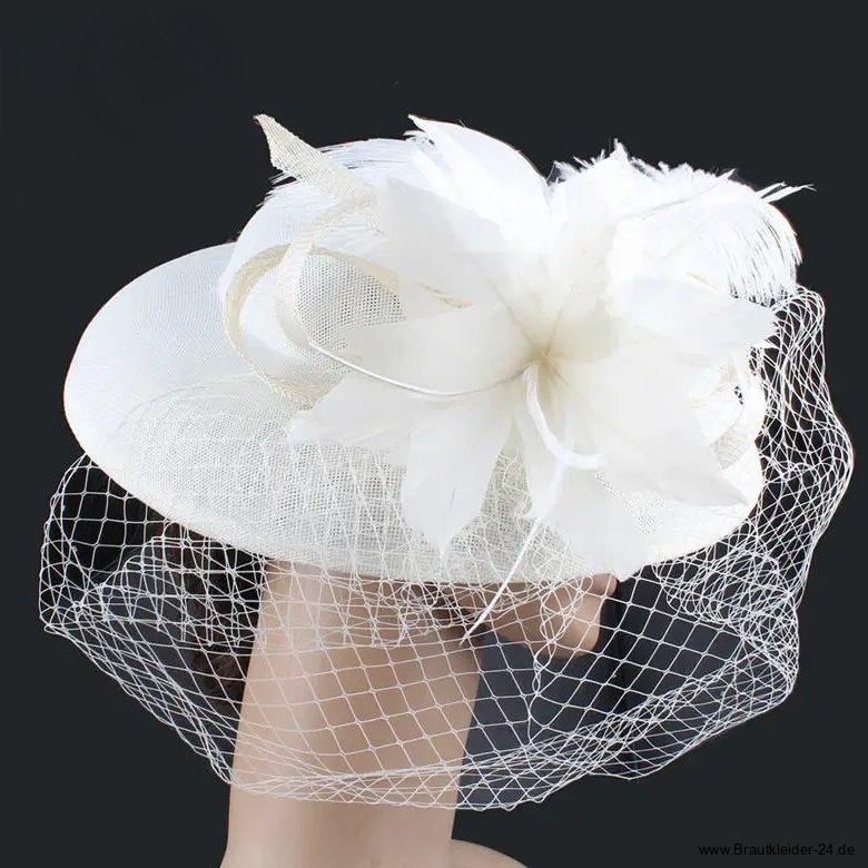 Brauthut Kalea in Weiß mit Feder und Tüll Schleier