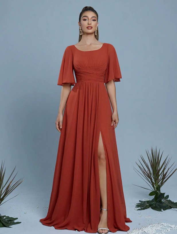 A Linie Abendkleid Emmy mit Flare Ärmeln in Coral Rot