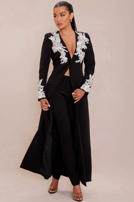 A Linie Hosenanzug für Hochzeitsgäste in Schwarz Festlich mit Blumen Strass Applikationen