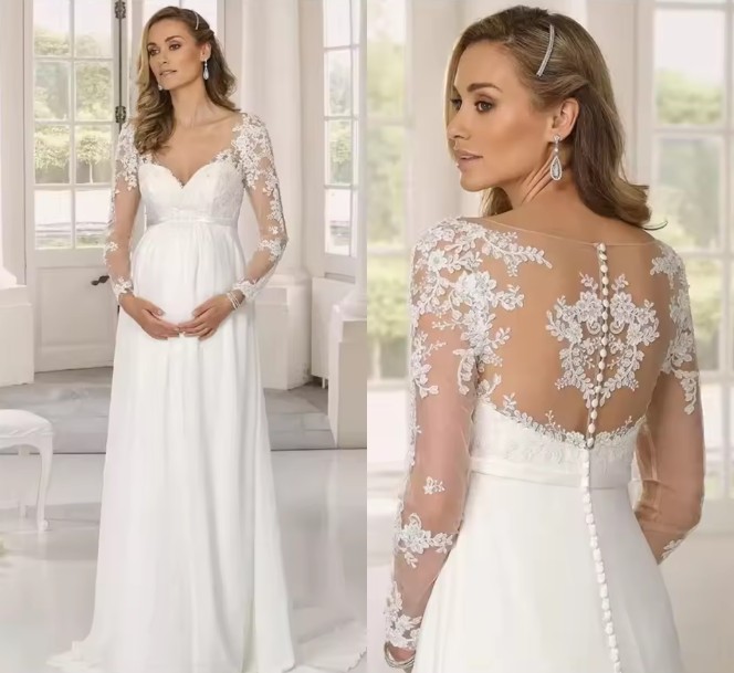 A Linie Umstands-Hochzeitskleid Langarm Brautkleid für Schwangere mit&nbsp;Spitze